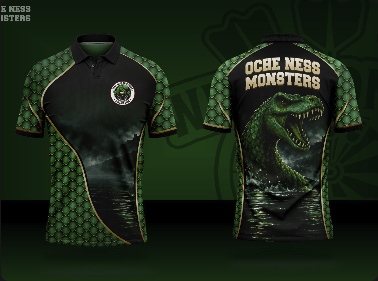 Front and back of the green and black Oche Ness Monsters darts shirt